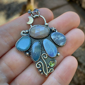 Boulder Opal, Peach Moonstone, & Peridot Lunar Flower Necklace / 19.5”