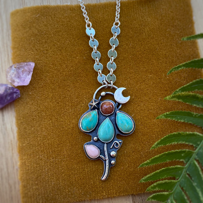 Kingman Turquoise, Sunstone, & Pink Opal Lunar Flower Necklace / 20”