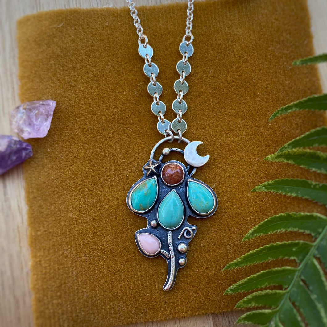 Kingman Turquoise, Sunstone, & Pink Opal Lunar Flower Necklace / 20”