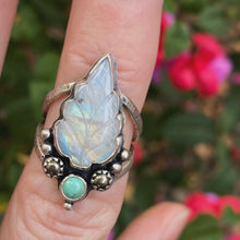 Load image into Gallery viewer, Rainbow Moonstone, Turquoise, &amp; Pyrite Leaf Ring / Size 7