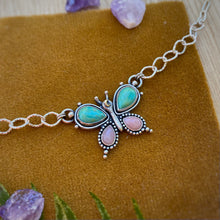Load image into Gallery viewer, Kingman Turquoise &amp; Pink Opal Lunar Butterfly Necklace / 17”