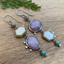 Load image into Gallery viewer, Asymmetrical Mother of Pearl, Peach Moonstone, Copper Calcite, &amp; Turquoise Earrings