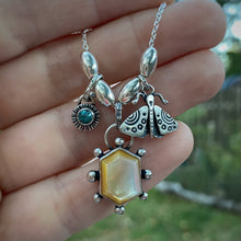 Load image into Gallery viewer, Mother of Pearl &amp; Turquoise Moth Charm Necklace / 17”