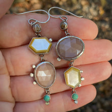 Load image into Gallery viewer, Asymmetrical Mother of Pearl, Peach Moonstone, Copper Calcite, &amp; Turquoise Earrings
