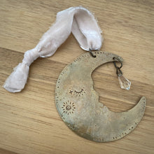 Load image into Gallery viewer, Brass &amp; Glass Crescent Moon Ornament / Blush