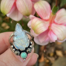 Load image into Gallery viewer, Rainbow Moonstone, Turquoise, &amp; Pyrite Leaf Ring / Size 7