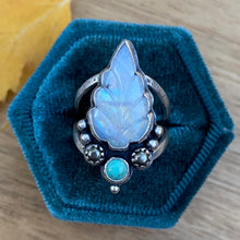 Load image into Gallery viewer, Rainbow Moonstone, Turquoise, &amp; Pyrite Leaf Ring / Size 7