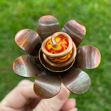 Load image into Gallery viewer, Copper, Brass, &amp; Glass Flower Pick / Red + Yellow Swirl