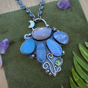 Boulder Opal, Peach Moonstone, & Peridot Lunar Flower Necklace / 19.5”