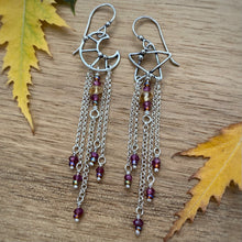 Load image into Gallery viewer, Garnet Moon &amp; Star Beaded Fringe Earrings