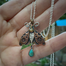 Load image into Gallery viewer, Kingman Turquoise Mixed Metal Moth Necklace / 22”