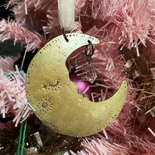 Load image into Gallery viewer, Brass &amp; Glass Crescent Moon Ornament / Blush