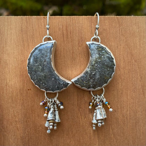 Black Sunstone Moon Bell Earrings