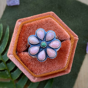 Pink Opal & Chinese Turquoise Flower Power Ring / Size 9.25