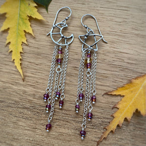 Garnet Moon & Star Beaded Fringe Earrings