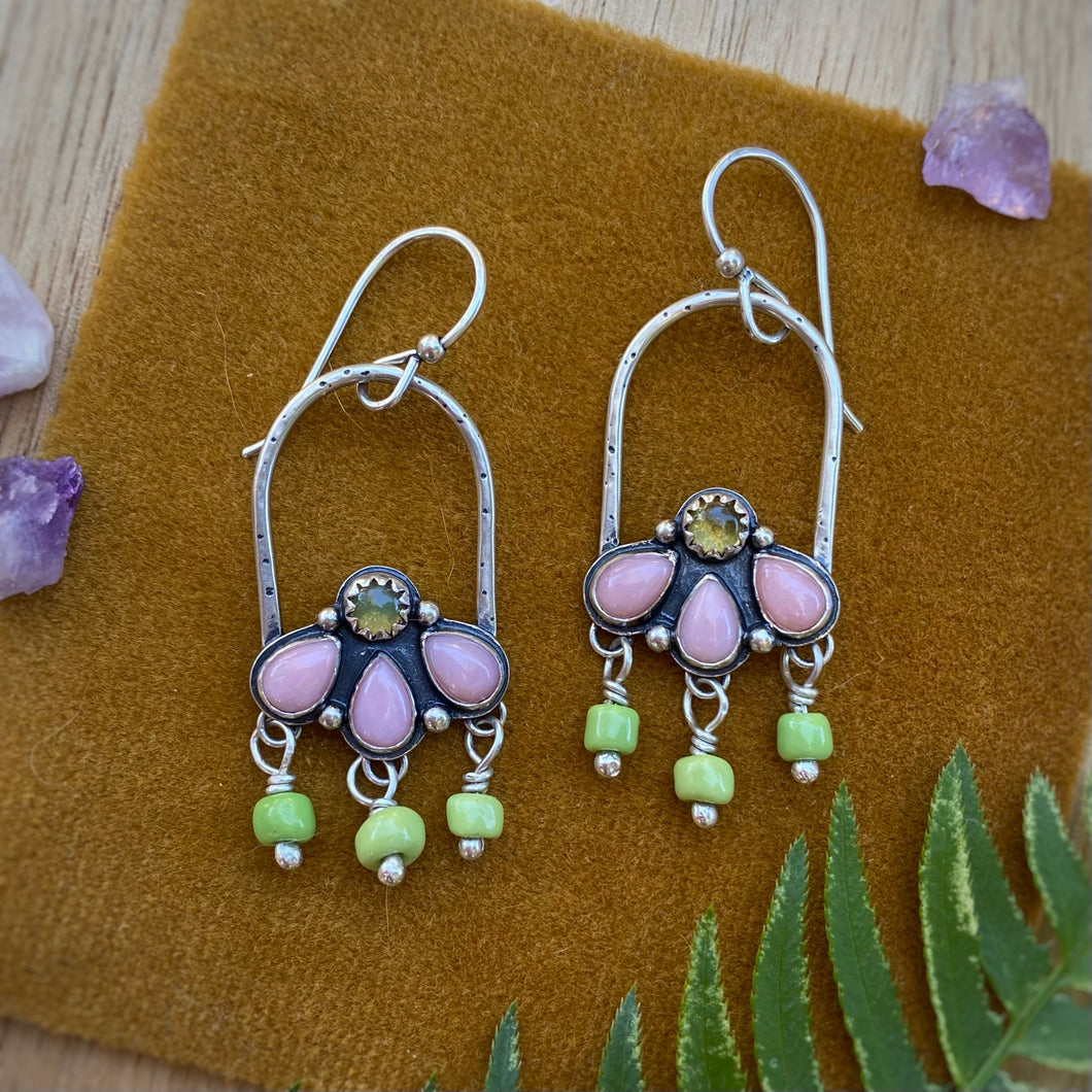 Pink Opal & Ethiopian Opal Arch Flower Earrings