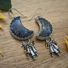 Load image into Gallery viewer, Black Sunstone Moon Bell Earrings