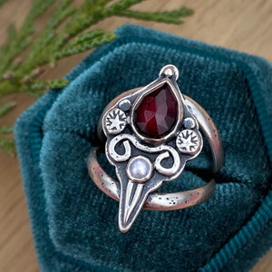 Garnet & Pearl Sword Statement Ring / Size 7.25-7.75