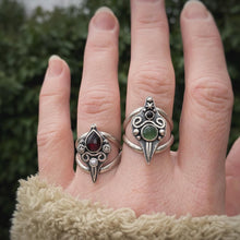 Load image into Gallery viewer, Green Serpentine &amp; Onyx Sword Statement Ring / Size 9.25-9.75