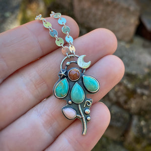 Kingman Turquoise, Sunstone, & Pink Opal Lunar Flower Necklace / 20”