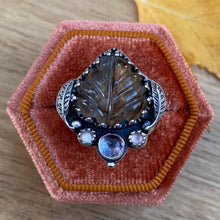 Load image into Gallery viewer, Rutilated Quartz, Amethyst, &amp; Peach Moonstone Leaf Ring / Size 7.5