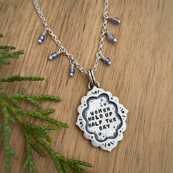 “Women Hold Up Half the Sky” Ornate Frame Necklace / 22”