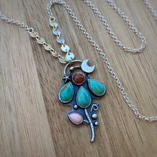 Load image into Gallery viewer, Kingman Turquoise, Sunstone, &amp; Pink Opal Lunar Flower Necklace / 20”