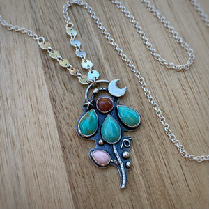 Kingman Turquoise, Sunstone, & Pink Opal Lunar Flower Necklace / 20”