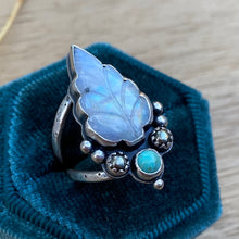 Load image into Gallery viewer, Rainbow Moonstone, Turquoise, &amp; Pyrite Leaf Ring / Size 7