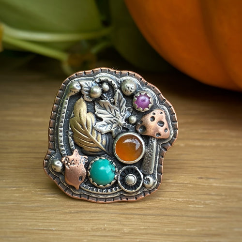 Carnelian, Chrysocolla, & Pink Sapphire Forager Statement Ring / Size 7.75 - 8