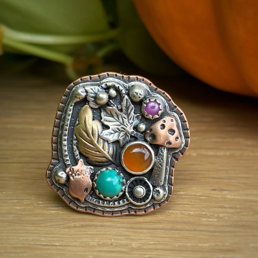 Carnelian, Chrysocolla, & Pink Sapphire Forager Statement Ring / Size 7.75 - 8