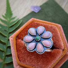 Load image into Gallery viewer, Pink Opal &amp; Chinese Turquoise Flower Power Ring / Size 9.25