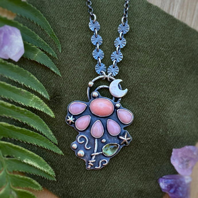 Pink Opal, Coral, & Peridot Lunar Flower Necklace / 22.5”