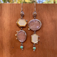 Load image into Gallery viewer, Asymmetrical Mother of Pearl, Peach Moonstone, Copper Calcite, &amp; Turquoise Earrings