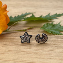 Load image into Gallery viewer, Silver Layered Moon &amp; Star Stud Earrings