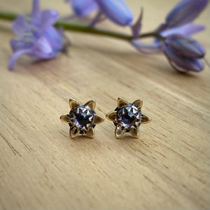 Iolite Brass Flower Stud Earrings