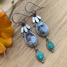 Load image into Gallery viewer, Carnelian, Dendritic Opal, &amp; Kingman Turquoise Flower Earrings