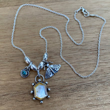 Load image into Gallery viewer, Mother of Pearl &amp; Turquoise Moth Charm Necklace / 17”