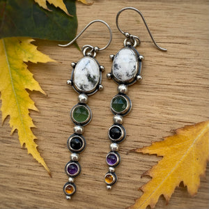 Dendritic Opal, Green Serpentine, Onyx, Amethyst, & Citrine Statement Earrings