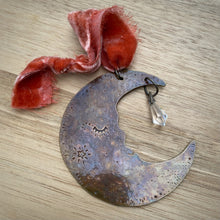 Load image into Gallery viewer, Brass &amp; Glass Crescent Moon Ornament / Rust