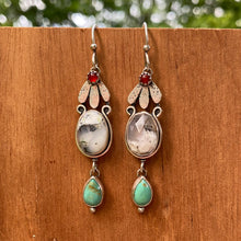 Load image into Gallery viewer, Carnelian, Dendritic Opal, &amp; Kingman Turquoise Flower Earrings