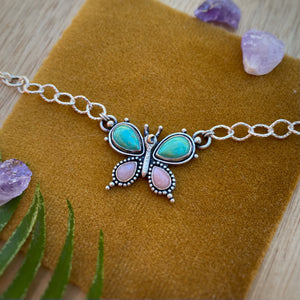 Kingman Turquoise & Pink Opal Lunar Butterfly Necklace / 17”