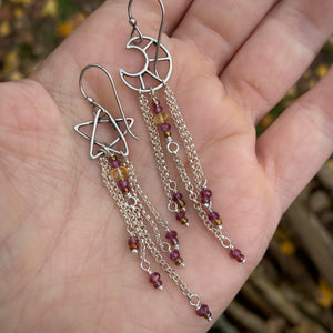 Garnet Moon & Star Beaded Fringe Earrings