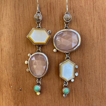 Load image into Gallery viewer, Asymmetrical Mother of Pearl, Peach Moonstone, Copper Calcite, &amp; Turquoise Earrings