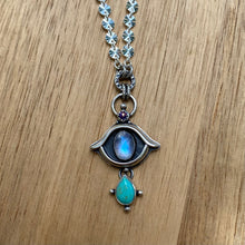 Load image into Gallery viewer, Rainbow Moonstone, Kingman Turquoise, &amp; Purple Copper Turquoise Eye Necklace / 21”