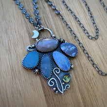 Load image into Gallery viewer, Boulder Opal, Peach Moonstone, &amp; Peridot Lunar Flower Necklace / 19.5”