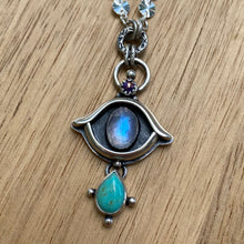 Load image into Gallery viewer, Rainbow Moonstone, Kingman Turquoise, &amp; Purple Copper Turquoise Eye Necklace / 21”