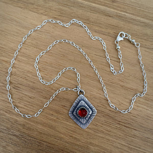 Garnet Shield Stamped Pendant Necklace / 19”