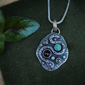 Garnet, Turquoise, & Pyrite Snake Pendant Necklace / 20”