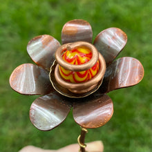 Load image into Gallery viewer, Copper, Brass, &amp; Glass Flower Pick / Red + Yellow Swirl